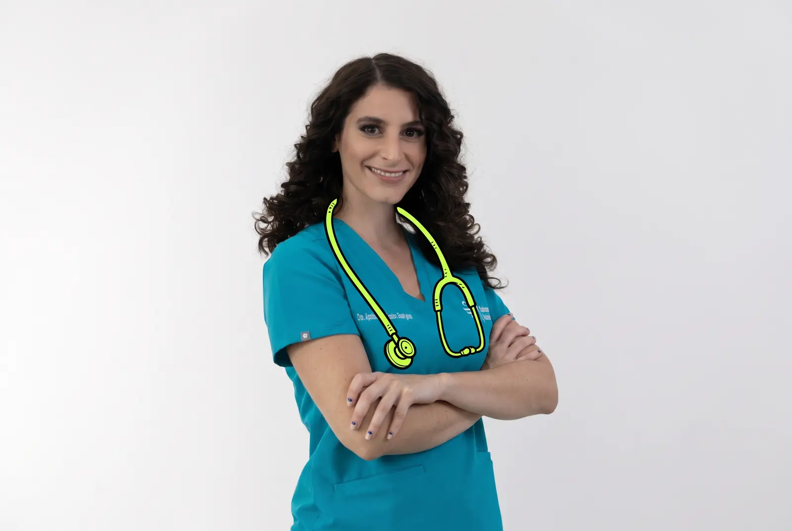 A nurse in scrubs with a stethoscope drawn in lime ink