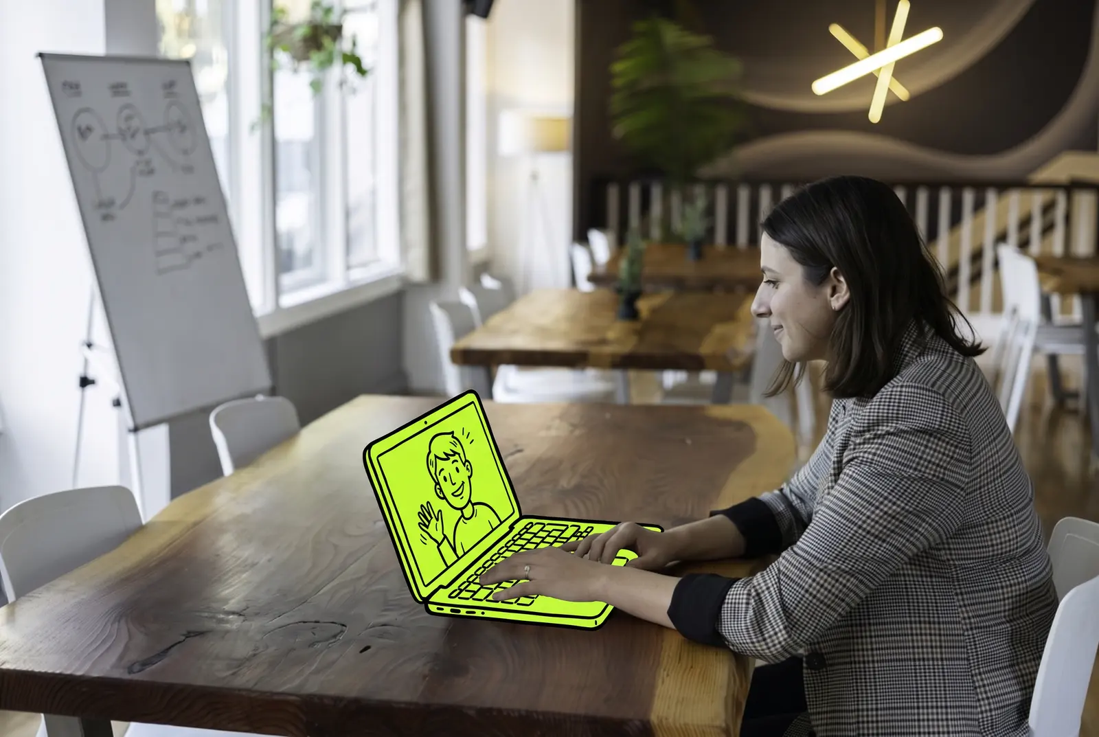 A business owner on a video call with her offshore hire, the laptop drawn in lime ink