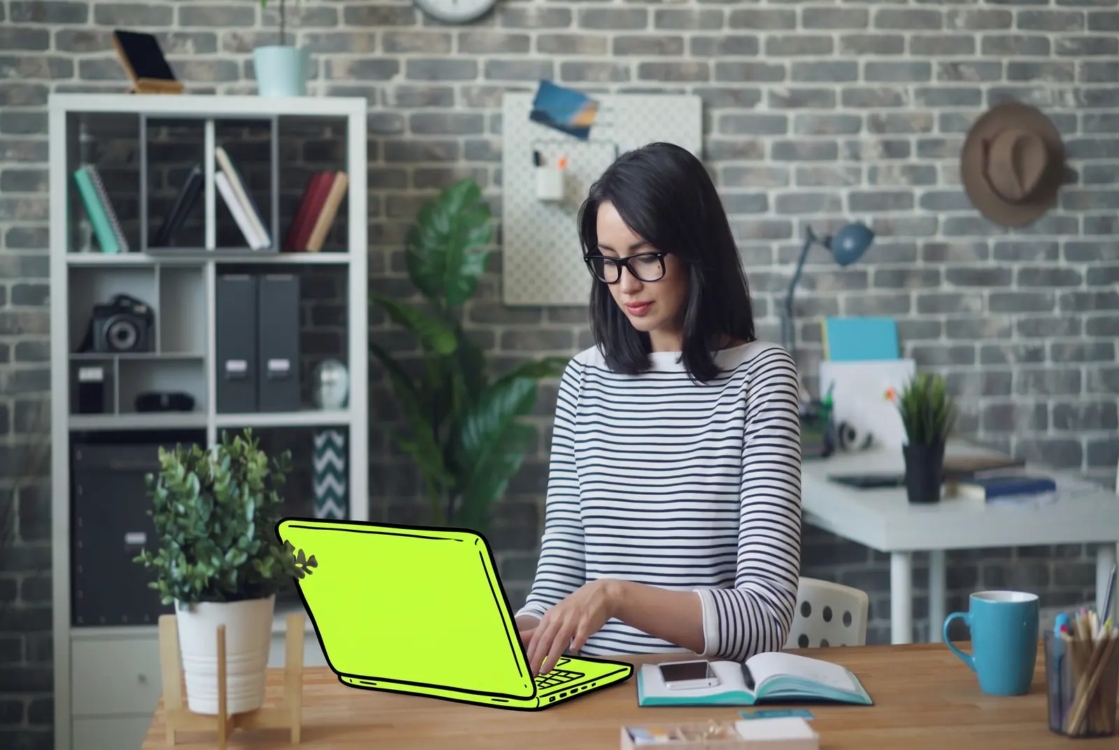 An offshore hire working at her own desk, the laptop drawn in lime ink