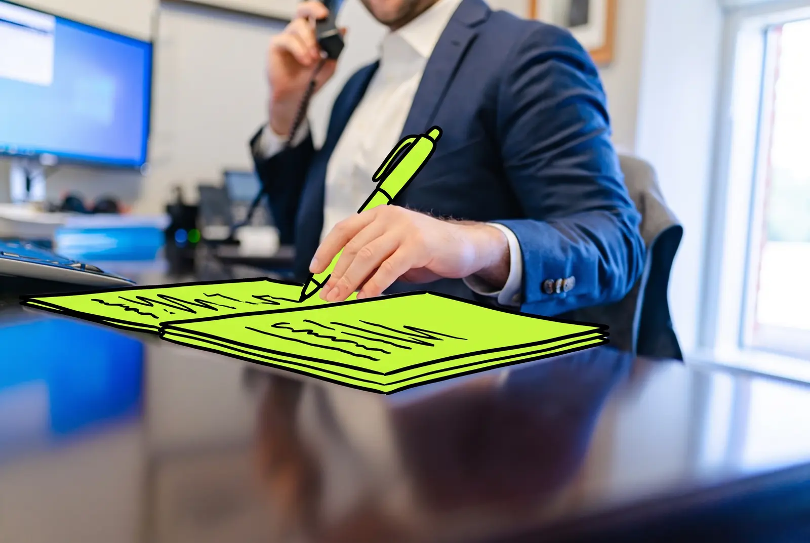 A lawyer writing at his desk, the document and pen drawn in lime ink