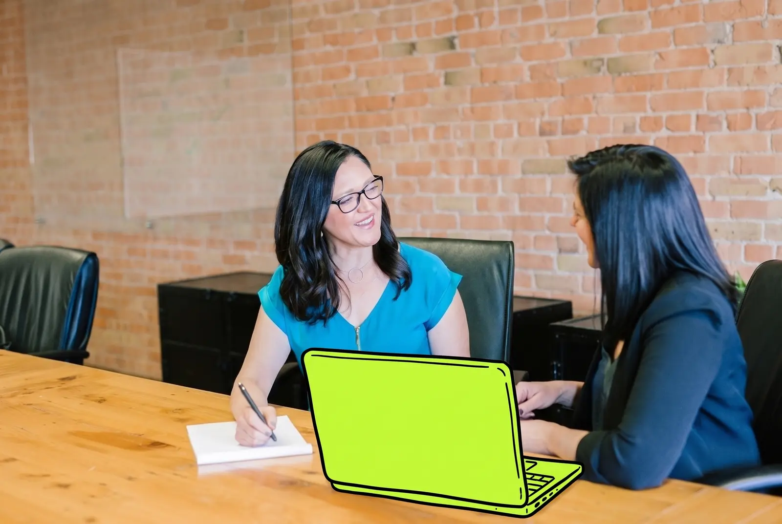 A financial planner meeting a client, the laptop drawn in lime ink